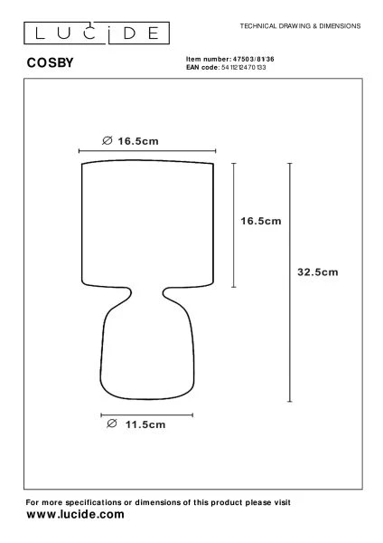 Lucide COSBY - Tafellamp - Ø 16,5 cm - 1xE14 - Grijs - technisch